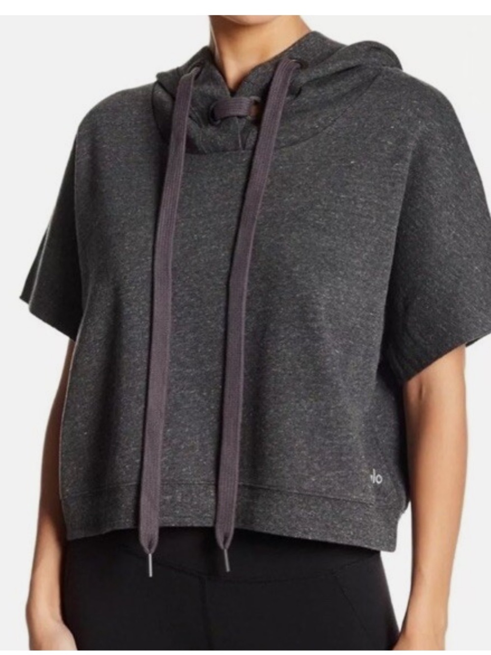 ALO Yoga Realm Women’s Charcoal Gray Short-Sleeve Hooded Zip-Up Sweater